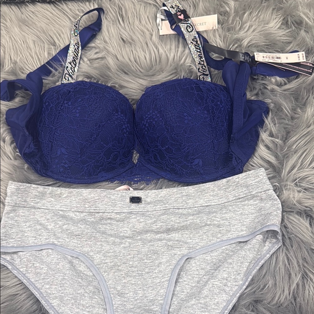Victoria's Secret size 38C rinestone Lace Push-Up Bra and Heather Gray brief